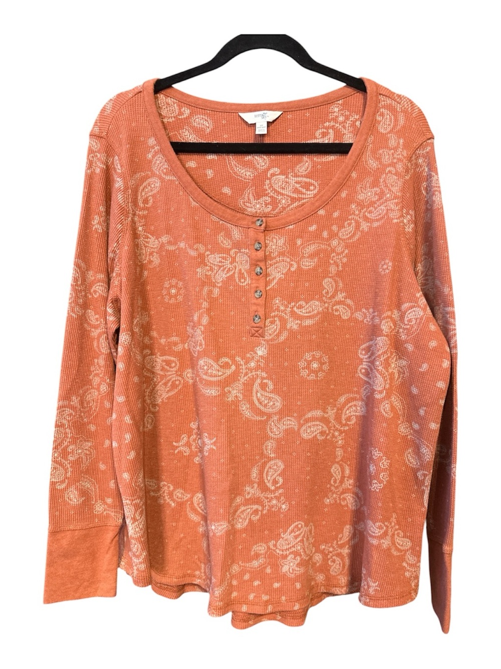 Terra & Sky Terracotta Paisley Waffle Knit Henley Boho Top 2 X. 25” P 26” L